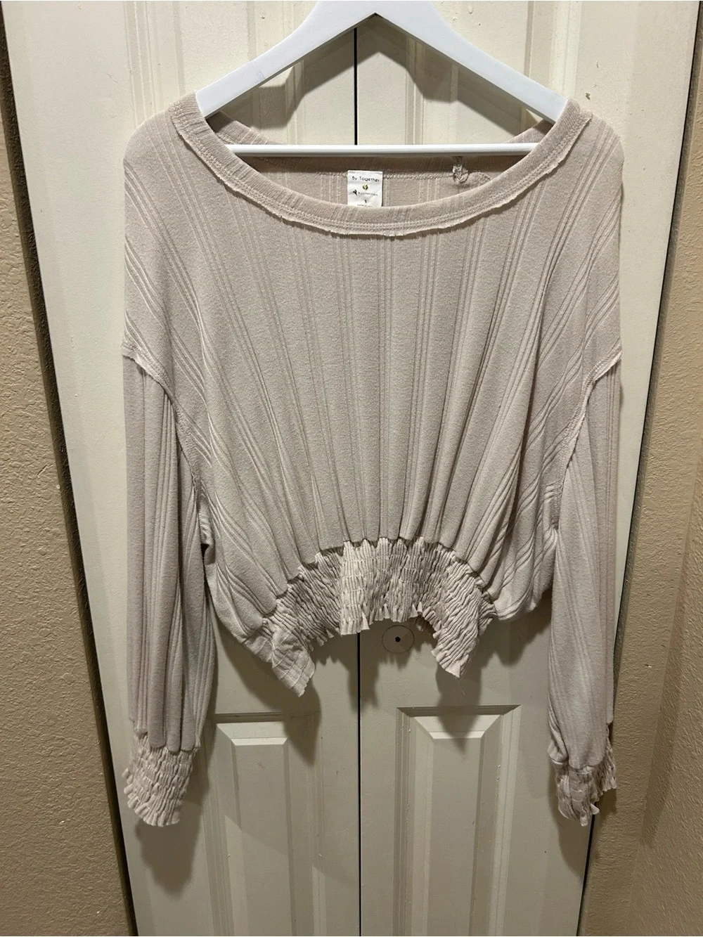 By Together Anthropologie Bohemian Smocked Beige Top , Small Made in uSA